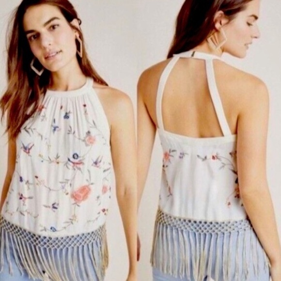 ANTHROPOLOGIE EMBROIDERED BIRDS FUN FLORAL PRINT FRINGE GATSBY HALTER STYLE … - Picture 2 of 14